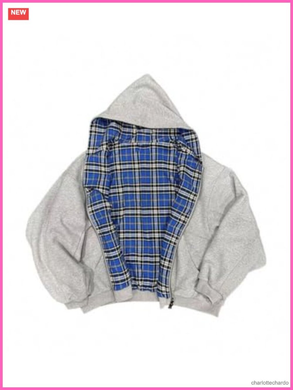 Reversible Oversized Hoodie Y2K Plaid Full Zip Sweatshirt Two Look